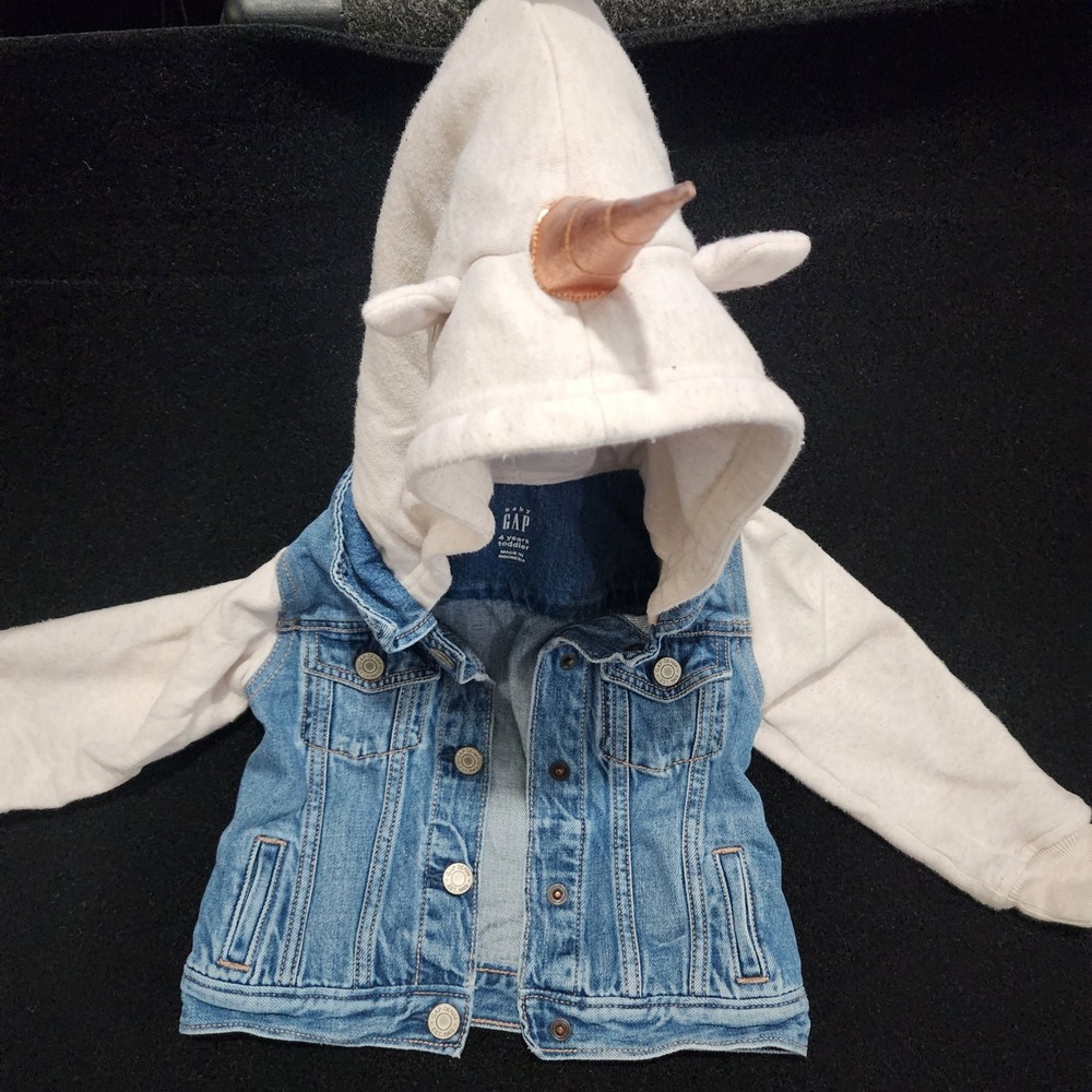 Baby Gap Toddler Girls Blue Denim Unicorn Hoodie Jacket 4Years 4T Rose Gold Horn - Picture 3 of 9